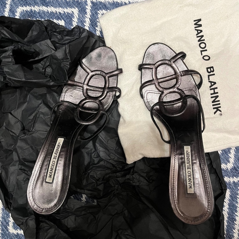 Manolo Blahnik Circle Cut Out Pewter Strappy Sandals